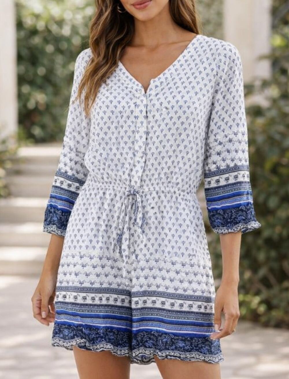 Solitaire Swim 3/4 Sleeve Printed Boho Romper Swim Cover Up White Blue Medium